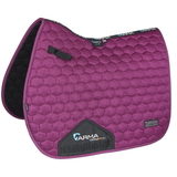 Purple quilted saddle pad with visible branding on a white background