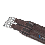 Brown equestrian girth with chrome buckle on a white background, featuring Arma brand.