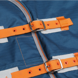 Close-up of a blue jacket with orange straps and buckles