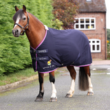 Horse wearing a navy blanket with pink trim in an outdoor setting