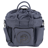 Eskadron Faux Leather Accessories Bag Varient Slate Blue. A Blue drawstring duffel bag with top handles, side mesh pockets, and a front pocket featuring a glittery circular 'P' logo, shown on a white background.