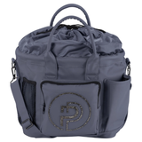 Eskadron Faux Leather Accessories Bag Varient Slate Blue. A Blue drawstring duffel bag with top handles, side mesh pockets, and a front pocket featuring a glittery circular 'P' logo, shown on a white background.