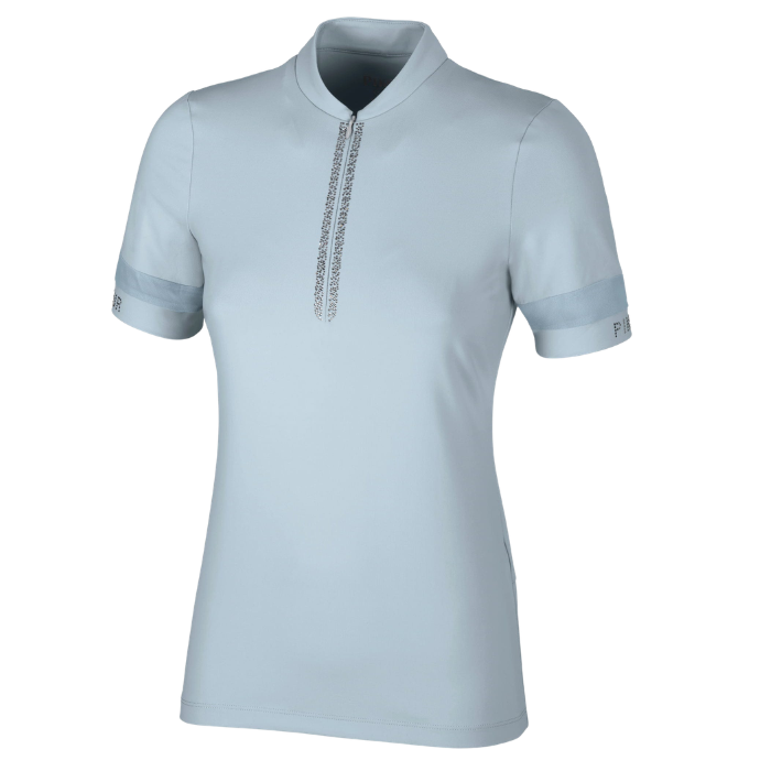 A light blue short-sleeve polo shirt with a half-zip collar and a vertical patterned zipper detail on the chest, shown on a plain white background.
