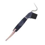 LeMieux AW26 Heavy Duty Hoof Pick Varient Navy. A horse grooming tool with a curved silver metal hook, a black bristle brush head, and a textured navy blue and rose gold handle, shown on a plain white background.