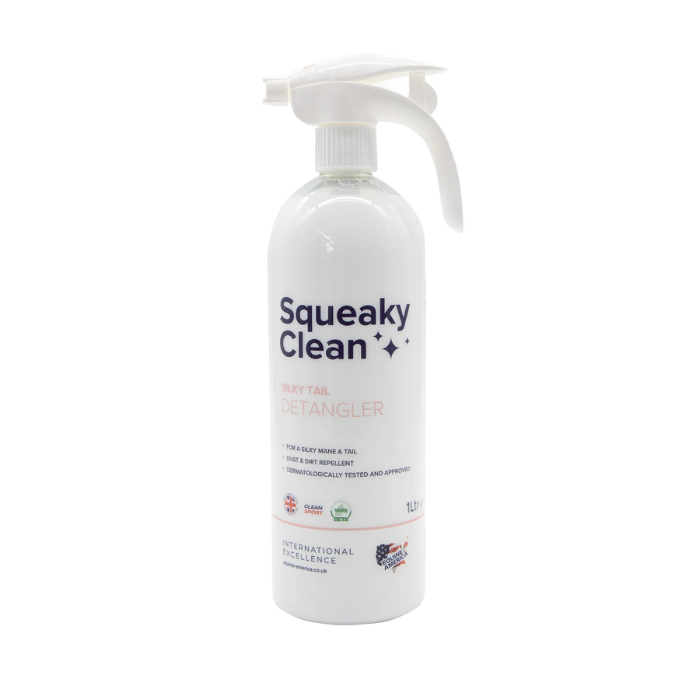 Squeaky Clean detangler spray bottle on a white background