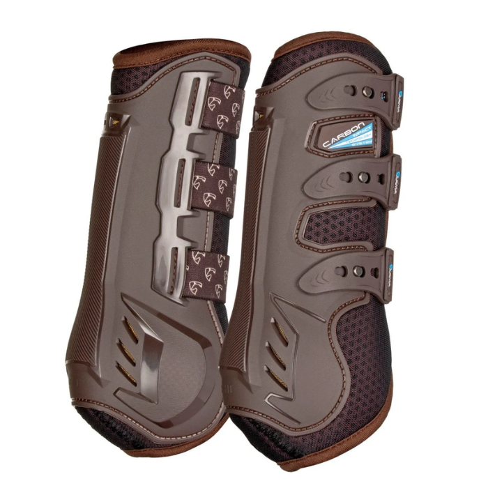 Shires Arma Carbon Training Boots Varient Brown. Horse training boots in brown with elasticated straps and "CARBON" branding.