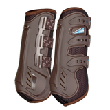 Shires Arma Carbon Training Boots Varient Brown. Horse training boots in brown with elasticated straps and "CARBON" branding.