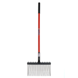 Garden rake with red handle and black metal head on a white background