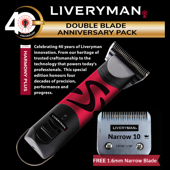 Liveryman double blade anniversary pack with hair trimmer and blade on a black background