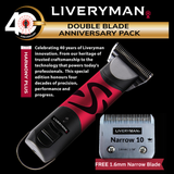 Liveryman double blade anniversary pack with hair trimmer and blade on a black background