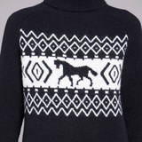Black sweater with a white pattern and black horse detail on a grey background