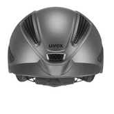 Anthracite riding helmet with 'uvex' branding on a white background