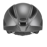 Anthracite riding helmet with 'uvex' branding on a white background