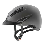 Anthracite riding helmet with black straps on a white background