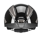 Black and silver riding helmet with 'uvex' branding on a white background