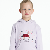 Child wearing a lilac hoodie with horse design and 'LeMieux' branding on a white background