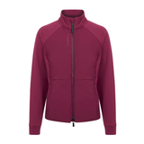 LeMieux AW26 Young Rider Betty Lightweight Jacket Varient Blackberry. A women's full-zip fleece jacket in a deep berry purple color, featuring a stand-up collar, raglan sleeves, and a vertical 'LeMieux' logo on the left chest, shown against a plain white background.