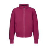 LeMieux AW26 Young Rider Clarissa Crew Jacket Variant Colour Blackberry.
A zip-up jacket with a stand-up collar, ribbed cuffs and hem, featuring vertical black lettering on the right sleeve and a circular logo patch on the left sleeve, shown against a plain white background.