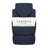 LeMieux AW26 Young Rider Joey Hooded Gilet Varient Navy. A navy blue hooded puffer vest shown from the back, featuring a wide white horizontal stripe across the upper back with the brand name 'LEMIEUX est. MMVI' printed in navy.