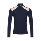 LeMieux AW26 Young Rider Mia Mesh Base Layer Varient Navy. A women's long-sleeve athletic top in navy blue with light pink mesh shoulder panels and a short front zipper, shown on a plain white background.