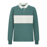 LeMieux AW26 Young Rider Riley Rugby Shirt Varient Aloe. A long-sleeve polo shirt in teal green with a contrasting white collar and a wide white horizontal chest stripe featuring the brand name 'LEMIEUX' in beige lettering.