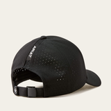 Black baseball cap 'Ariat' logo on cream background showing reverse of cap