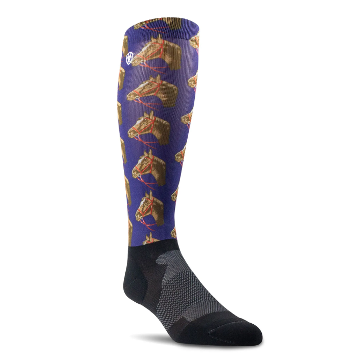Navy blue long sock with horse print on a white background