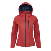 LeMieux AW26 Athena Waterproof Lightweight Jacket Varient Russet. A red hooded waterproof jacket with a full front zipper, a vertical zippered chest pocket, and a dark navy interior hood lining, shown on a plain white background.
