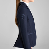 Navy blazer with a brand logo on a grey background