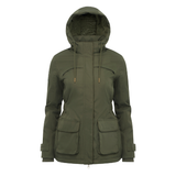 LeMieux AW26 Heritage Beatrice Waterproof Coat Varient Olive. An olive green hooded jacket with a full front zipper, drawstring hood, and two large front flap pockets, shown on a plain white background.