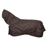 Brown horse blanket with a hood on a white background