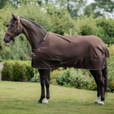Horse wearing a brown rug standing on grass with trees in the background