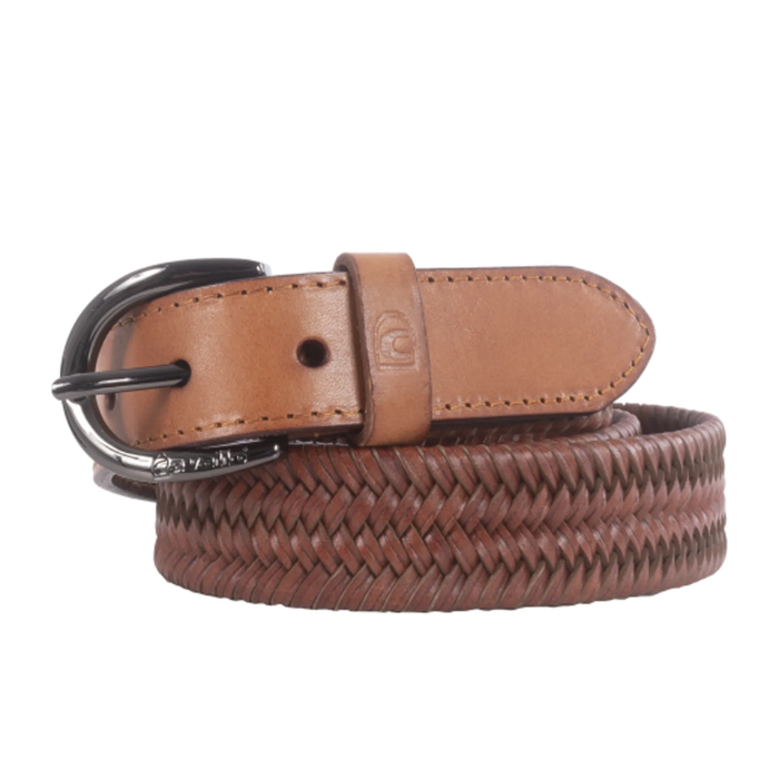 Brown woven belt with a black buckle on a white background