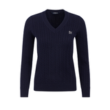 LeMieux AW26 Cora Cable V-Neck Knit Jumper Variant Colour Navy.
A navy blue cable-knit V-neck sweater with a small white embroidered 'IM' logo on the left chest, displayed on a clean white background.