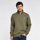 Male wearing green sweater on grey background