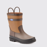 Brown and beige rubber boot with a brand label on a light grey background