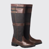 Pair of dark brown country boots with straps on a light grey background