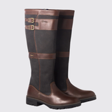 Pair of dark brown country boots with straps on a light grey background