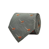 Green tie with pheasant pattern on a white background