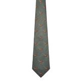 Green tie with pheasant pattern on a white background