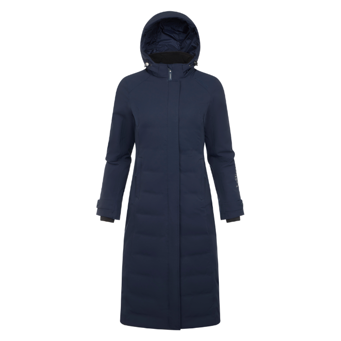 LeMieux AW26 Erin Waterproof Padded Coat Varient Navy. A long navy blue hooded puffer coat with horizontal quilting, shown on a plain white background.