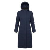 LeMieux AW26 Erin Waterproof Padded Coat Varient Navy. A long navy blue hooded puffer coat with horizontal quilting, shown on a plain white background.