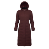 LeMieux AW26 Erin Waterproof Padded Coat Varient Bramble. A long, dark brown hooded puffer coat with horizontal quilting, shown on a plain white background.