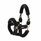 Black faux fur halter with gold hardware on a white background