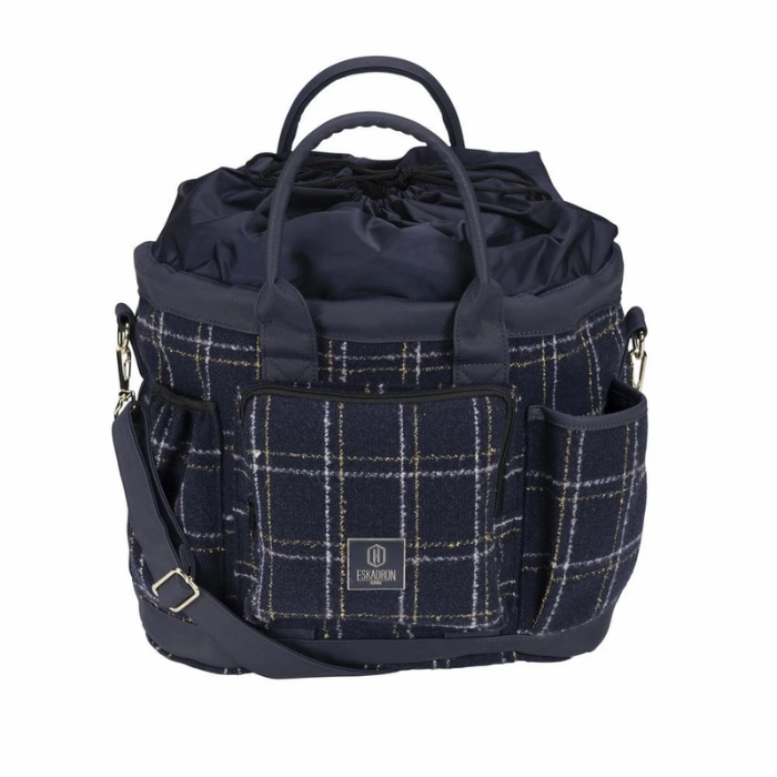 Navy blue and plaid patterned bag with a visible brand logo on a white background