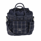 Navy blue and plaid patterned bag with a visible brand logo on a white background