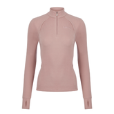 LeMieux AW26 Frances Quarter Zip Fleece Varient Wild Rose. A women's long-sleeve quarter-zip athletic top in a dusty rose pink color, featuring a mock neck collar, zippered arm cuffs, and a subtle embroidered logo on the left chest, shown against a plain white background.