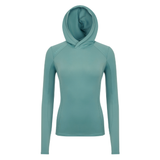 LeMieux AW26 Heidi Hooded Mid Layer Variant Colour Aloe.
A women's long-sleeve hooded athletic top in a muted, shown on a plain white background.
