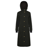 Dark green raincoat with gold buttons on a white background