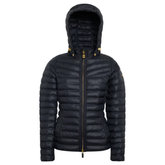 Black puffer jacket with a hood on a white background